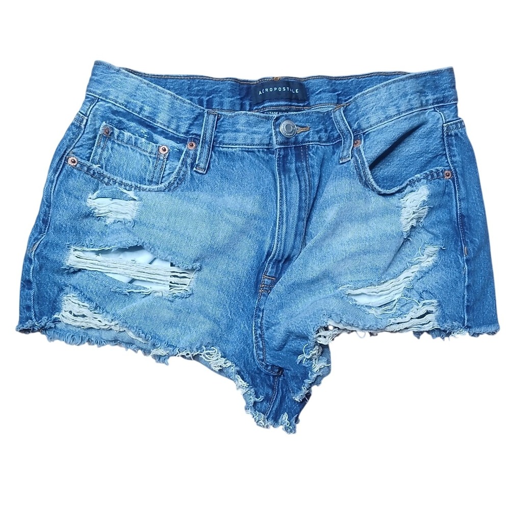 Aeropostale Vintage High Rise Shorty Denim Shorts Blue Distressed Womens 10‎